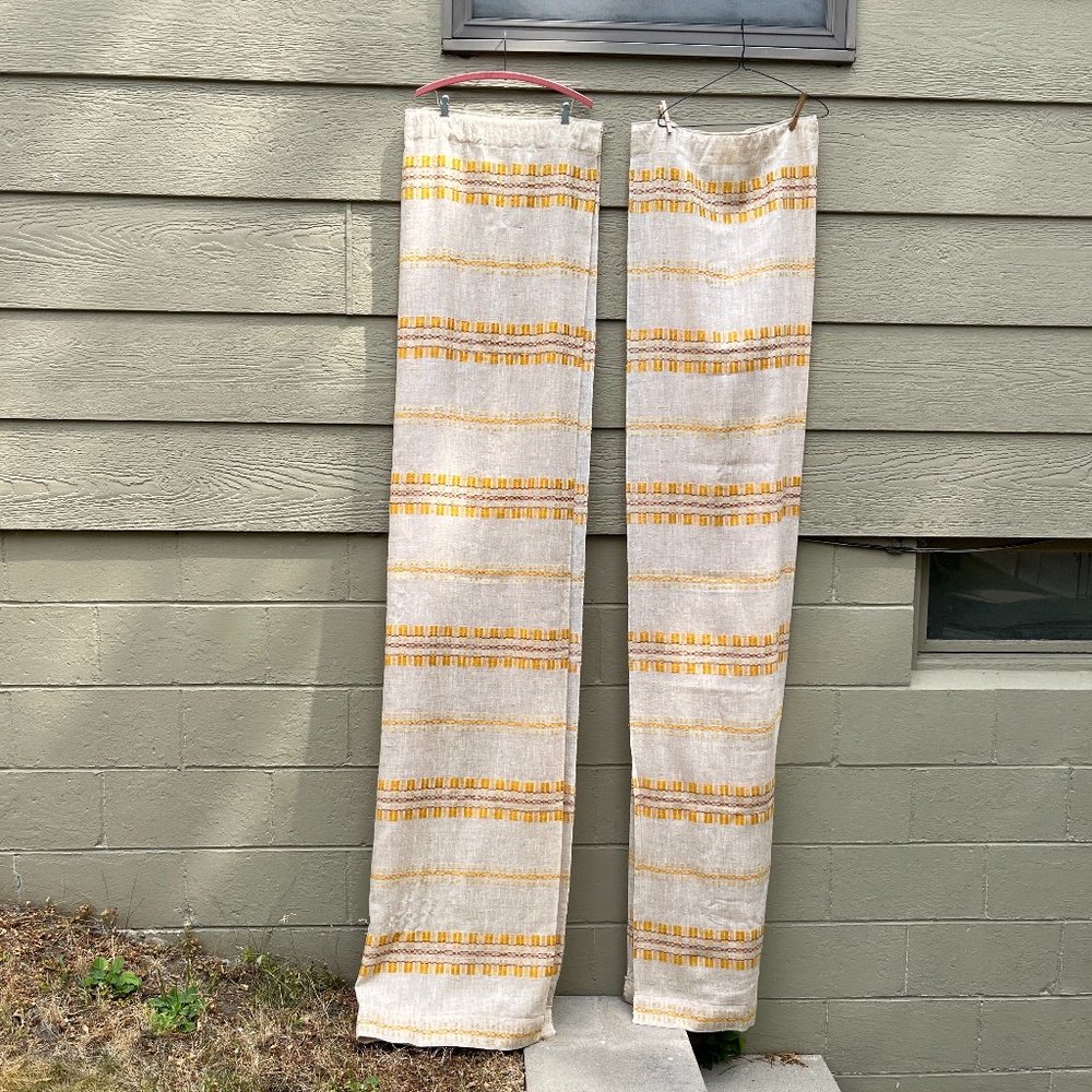PAIR of Curtain Panels MCM HAND-WOVEN Wool Yellow/Rust/Cream Scandinavia Simple